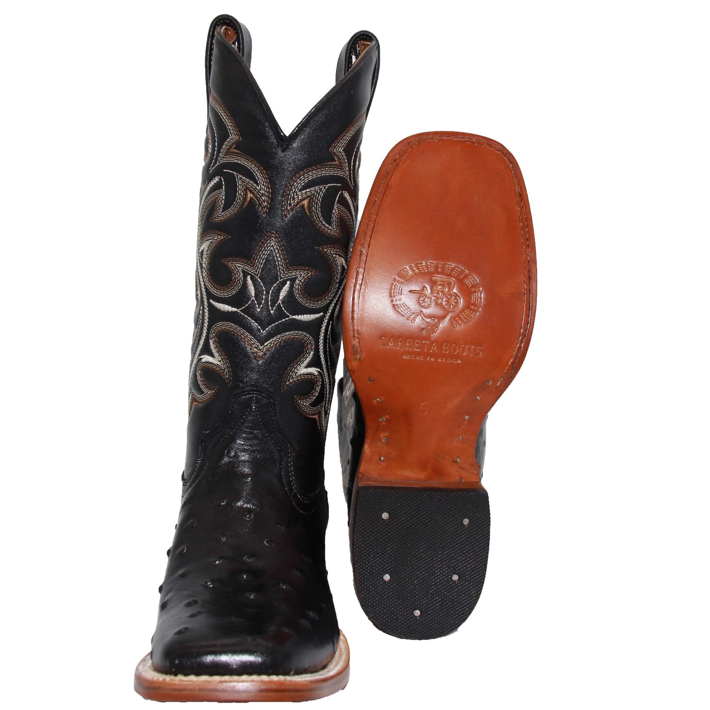 Western Shops Mens Genuine Cowhide Leather Quill Ostrich Print Western Cowboy Square Toe Rodeo Boots (7, Black)