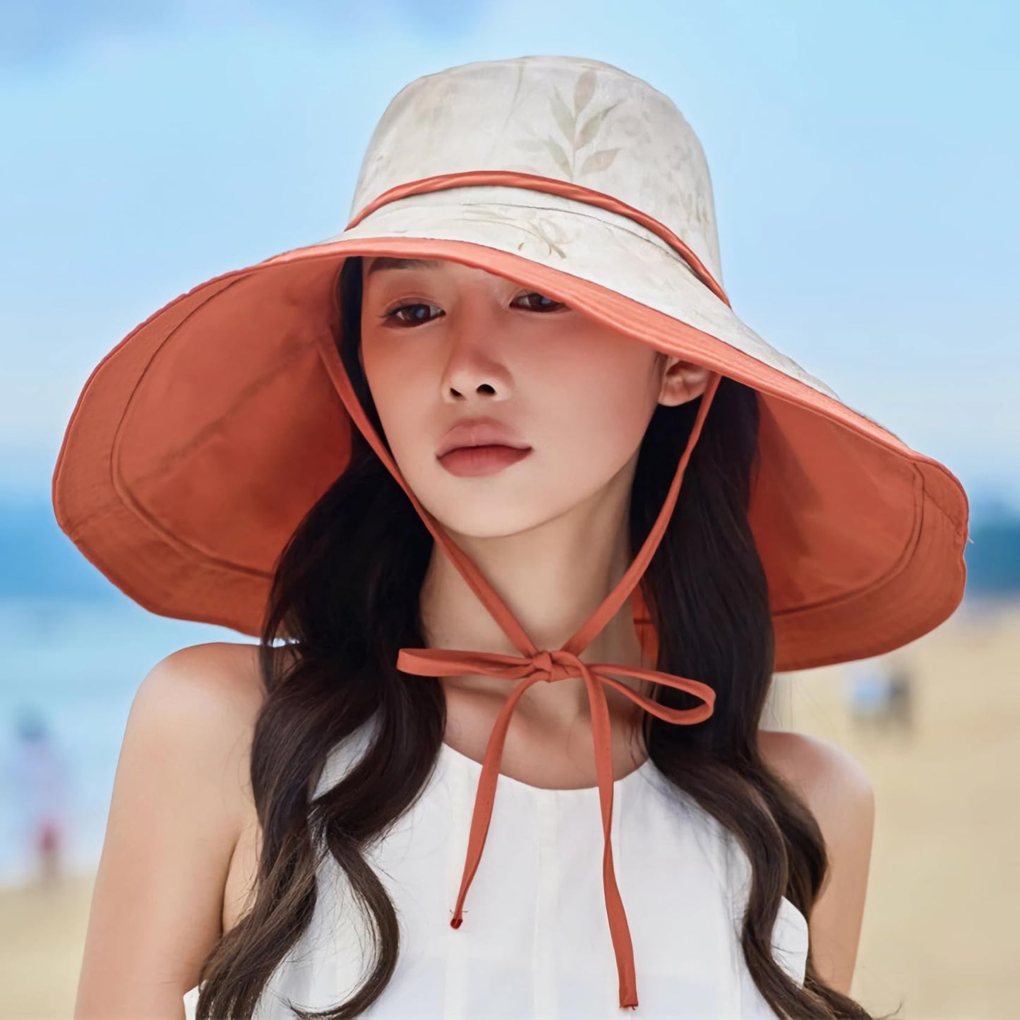 HUAMULAN Wide Brim Women Summer Sun Floppy Hat Ponytail Beach Bucket Fishing Hats Reversible Packable Outdoor UV Protection Orange