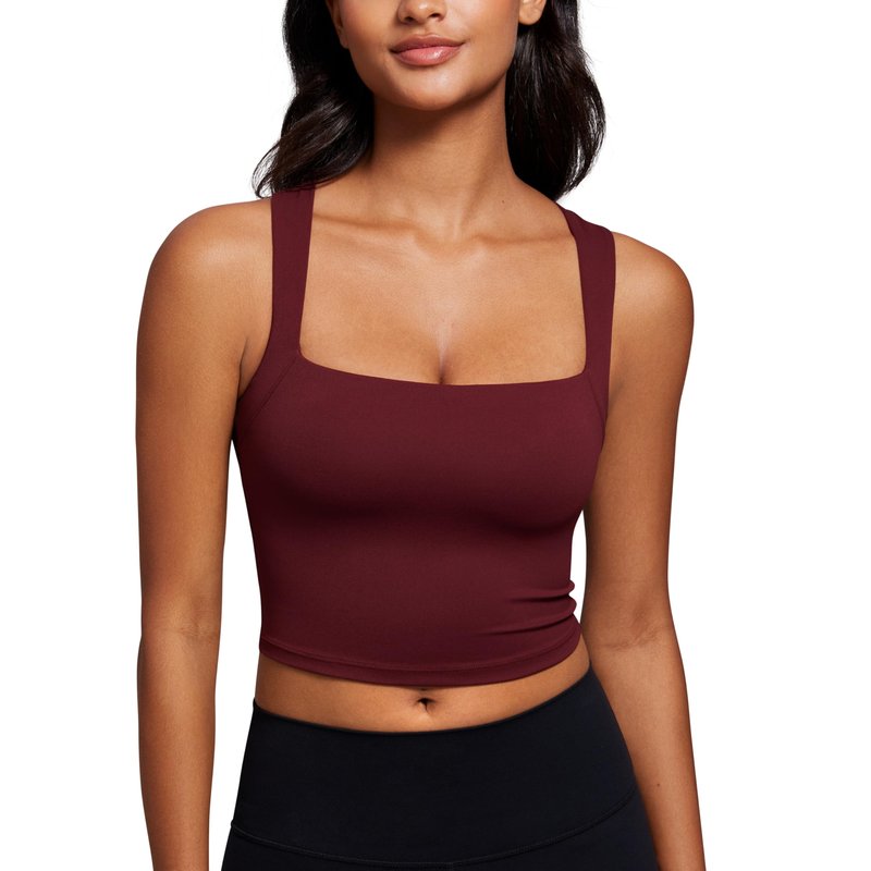 CRZ YOGA Butterluxe Womens Longline Square Neck Sports Bras - Basic Crop Tank Yoga Workout Tops with Built in Pads Red Merlot Medium