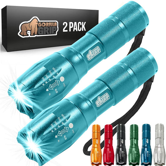 Gorilla Grip Powerful LED 750 FT Water Resistant 5 Adjustable Mode Tactical Flashlight, High Lumens Ultra Bright Battery Zoom Flashlights, Small Camping Car Mini Flash Light Accessory 2 Pack Turquoise