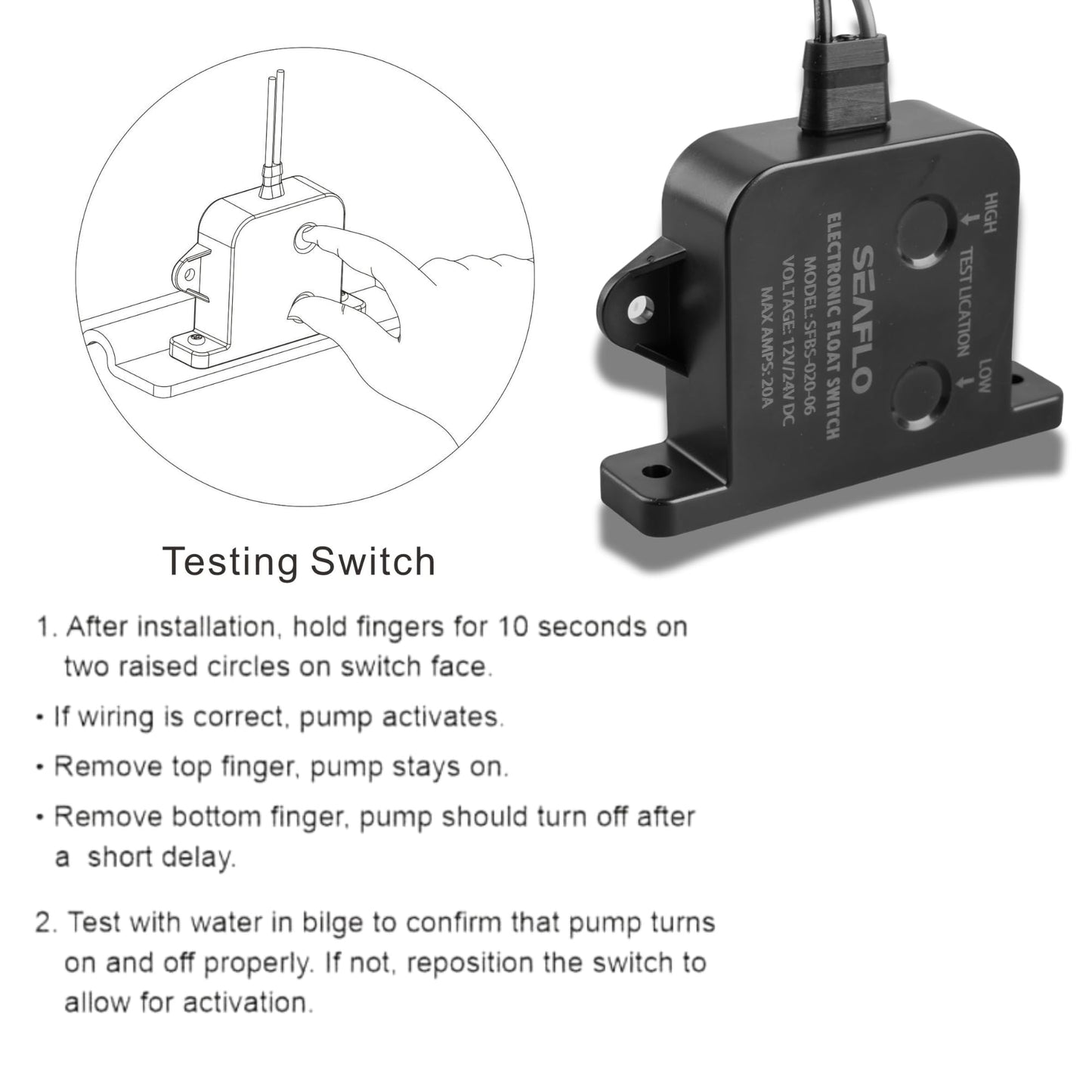 SEAFLO Electric Field Bilge Switch - 12V/24V, 20A at 12V or 10A at 24V, Automatic Water Level Sensor Switch, No Float, Solid State Bilge Pump Switch, Marine Boat, SFBS-20-06, 4-Year Warranty