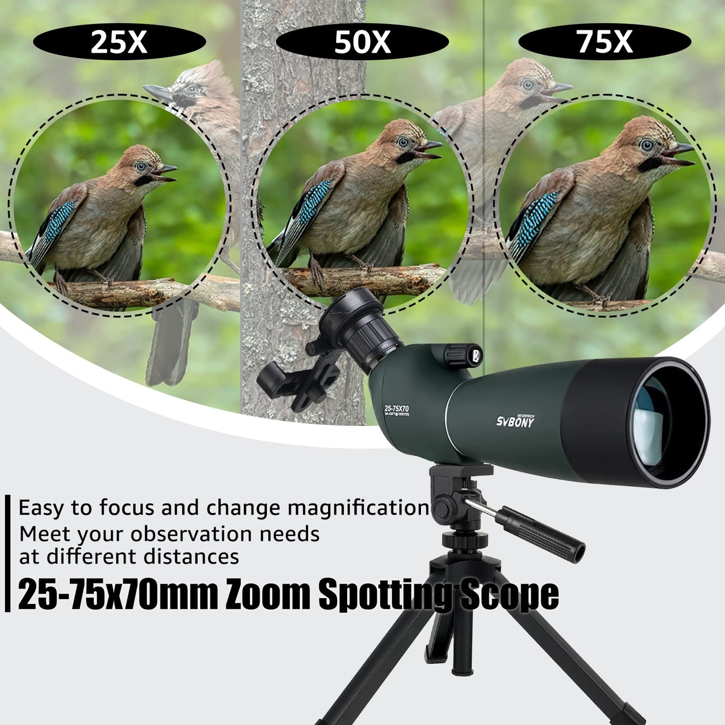 SVBONY SV28 Spotting Scopes with Tripod and Phone Adapter, Angled 25-75x70mm Spotter Scope, Waterproof Fogproof Spotting Scope with Desktop Tripod for Bird Watching, Target Shooting, Wildlife Viewing