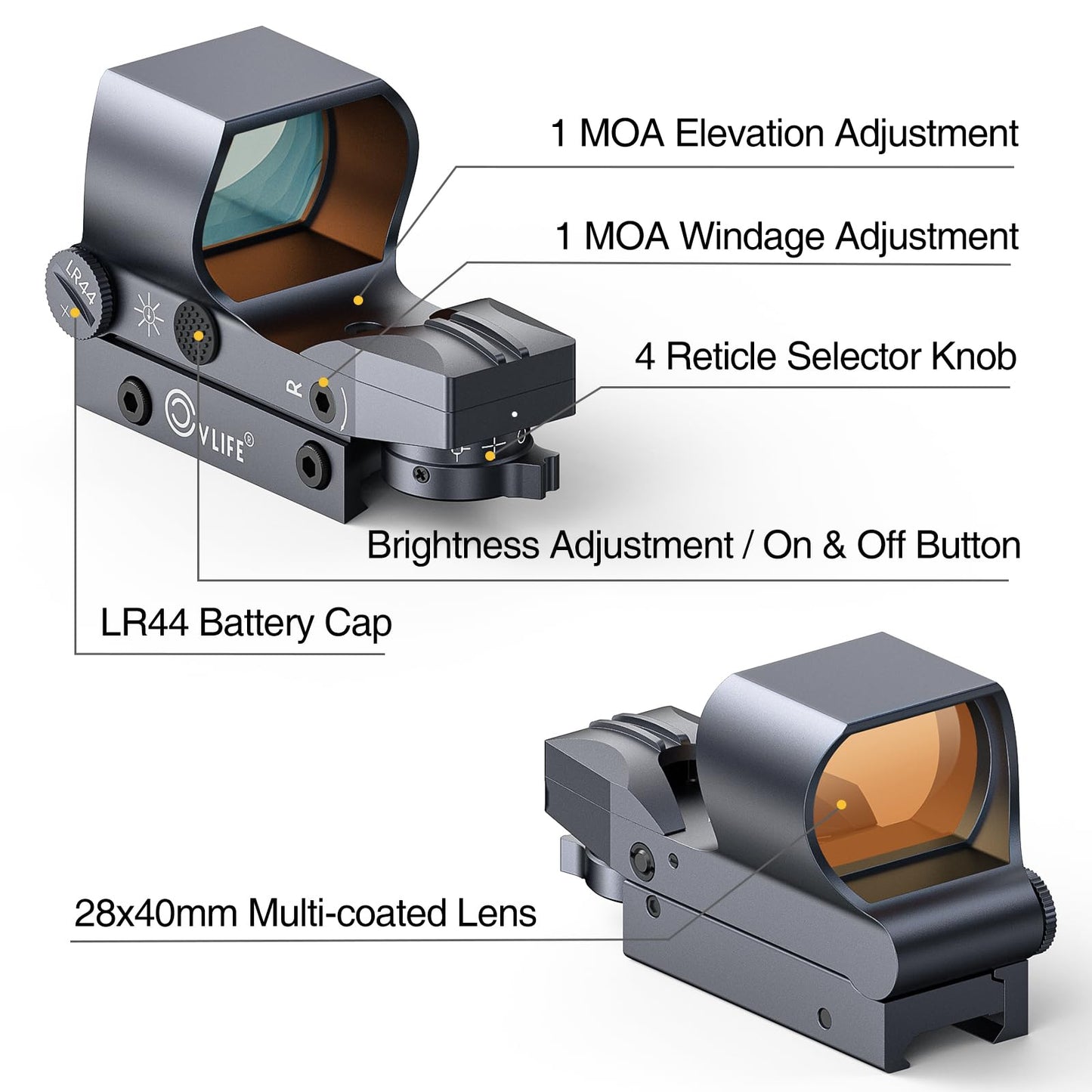 CVLIFE Reflex Sight, 1x28x40mm Red Dot Sight, 4 Adjustable Reticles Sight for 20mm Picatinny Rail, Red Dot Optics, Absolute Co-Witness Silver