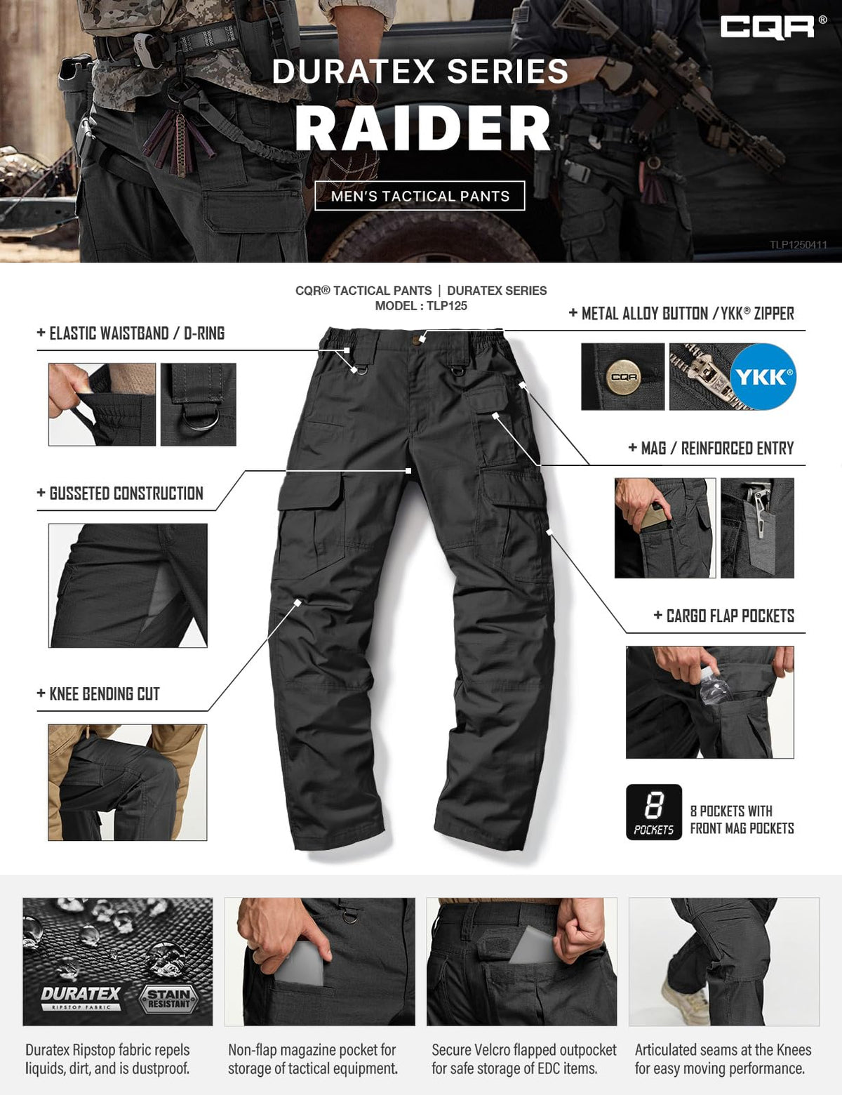 CQR Men's Tactical Pants, Water Resistant Ripstop Cargo Pants, Lightweight EDC Work Hiking Pants, Outdoor Apparel, Duratex Mag Pocket Black, 36W x 30L