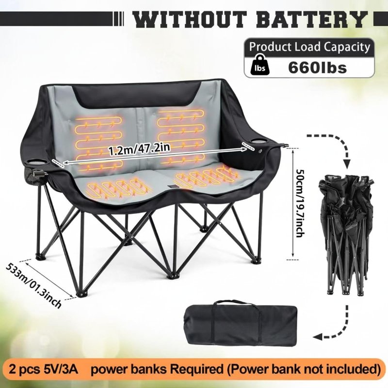 Heated Double Camping Chair for Adults, 4 Heating Zones & 3 Heat Levels, Padded Loveseat Oversize Folding Chair Portable for Outdoor Sports Lawn, Use 5v/3a Power Bank (Not Included)(Black, Gray)