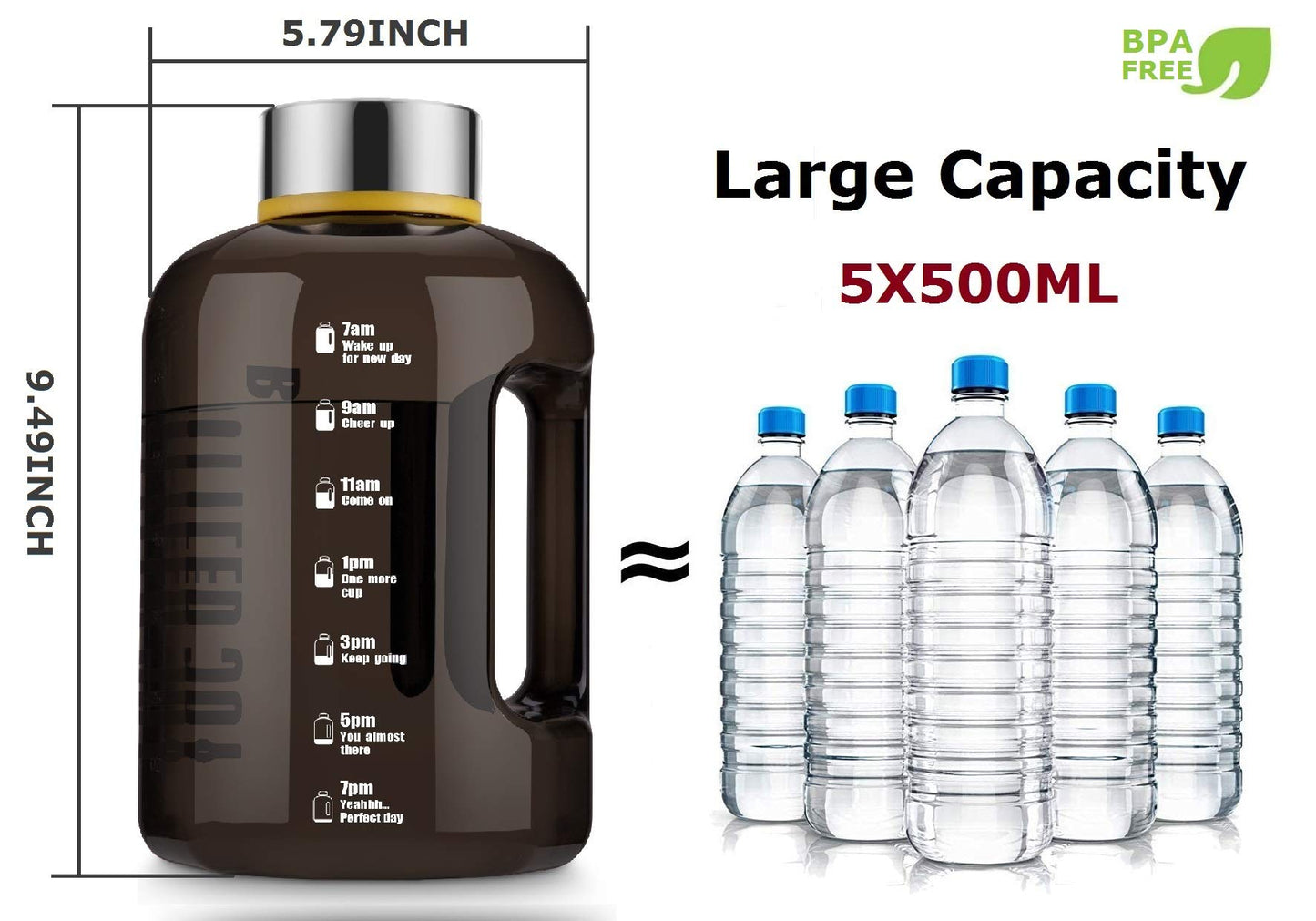 VENNERLI Half Gallon Water Bottle with Handle BPA Free Sports Water Bottles 74oz Large Plastic Water Jug with Straw 2.2L Motivational for Outdoor Hiking Camping Running (Black)