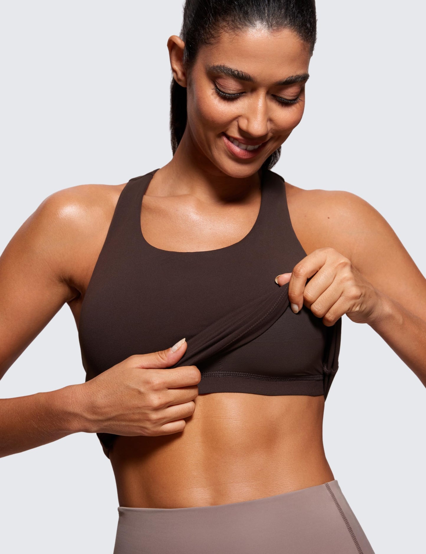 CRZ YOGA Butterluxe Workout Racerback Tank Tops for Women - Padded Athletic Spandex Yoga Shirts with Built in Bra Hot Fudge Brown X-Large