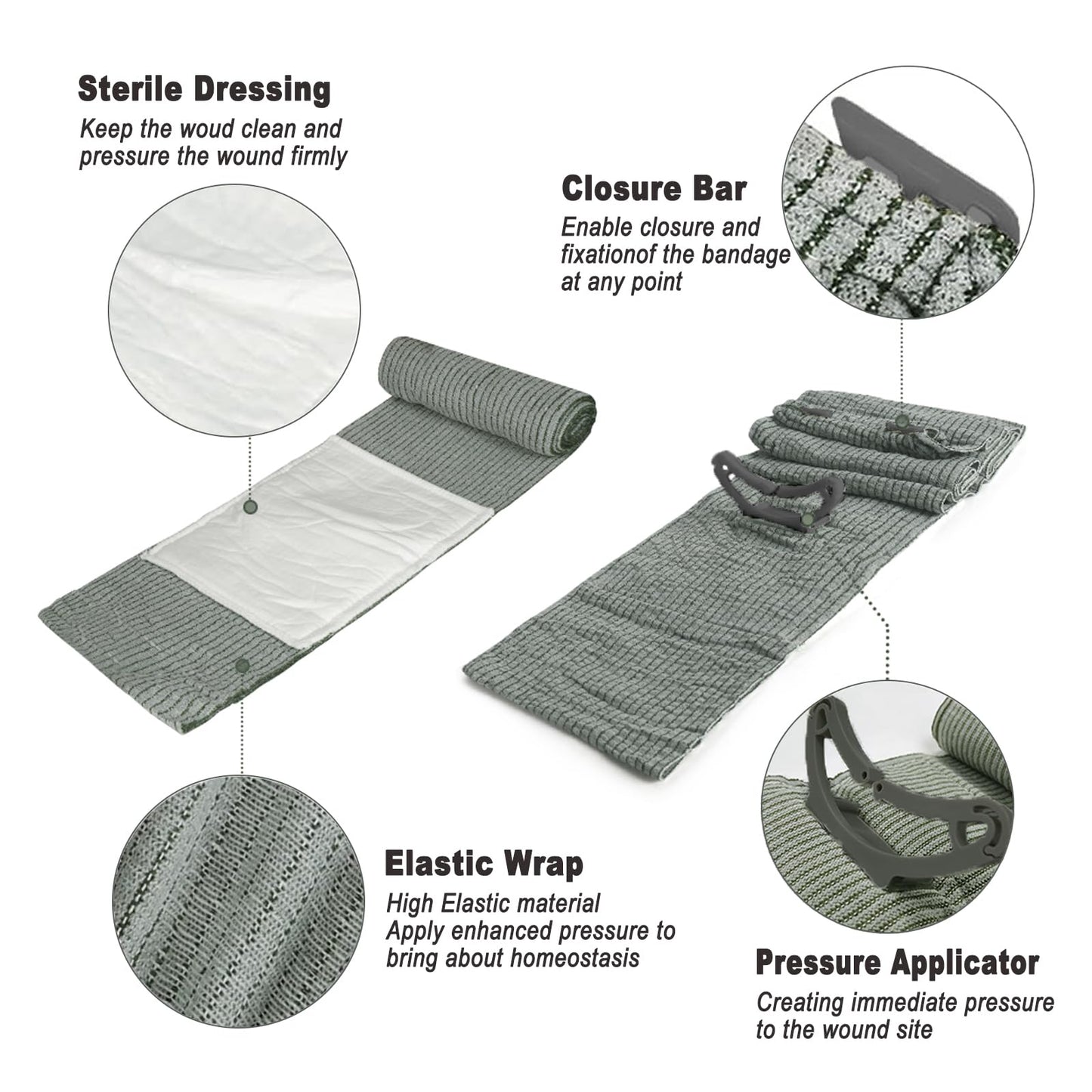 Upgrade Israeli Style Emergency Bandage, 8Pack 6 Inch Compression Bandage for Emergency Wound Dressing, First Aid and IFAK Trauma Military (6Inch-8Pcs)