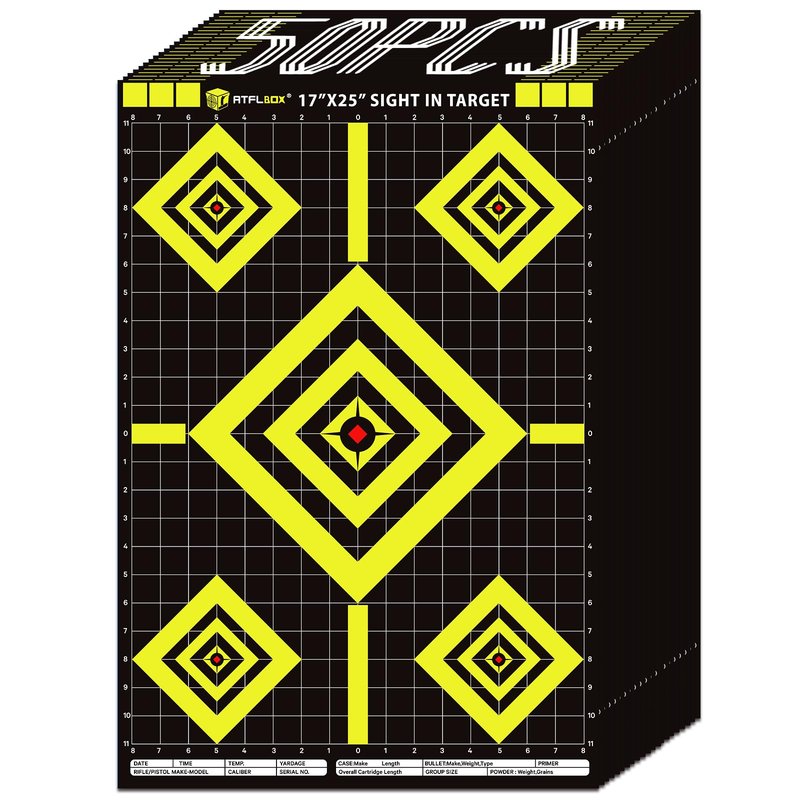 Atflbox Sight in Shooting Range Paper Target, 17X25 Inch High Visibility Target Paper for Indoor and Outdoor Shooting Practice, Suitable for Handgun, Pistol, Rifle, Airgun, Pellet BB Gun (50 Pack)