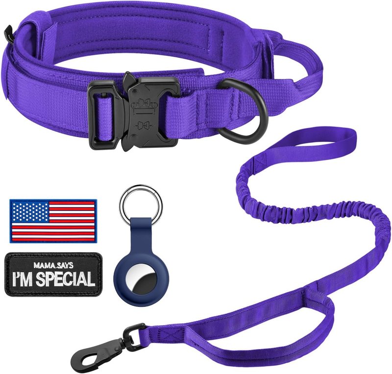 Tactical Dog Collar - Adjustable Military Nylon with Control Handle & Heavy Metal Buckle | Purple Set, Large