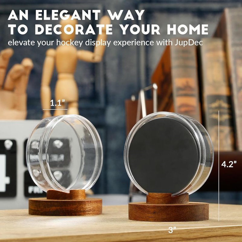 Hockey Puck Display Case - Acrylic Clear Holder with Wood Base | Perfect for Autographs & Collectibles, Brown, 2 Pack