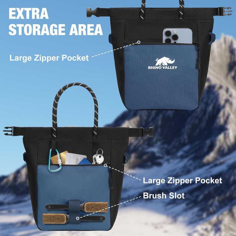 Rhino Valley Chalk Bag for Rock Climbing, Large Bouldering Chalk Bucket with Magnetic Closure/Zipper Pocket-Weight Lifting, Gym, Disc Golf, Wall, Rock Climbing Gifts Gear Accessories, Navy Blue+Black