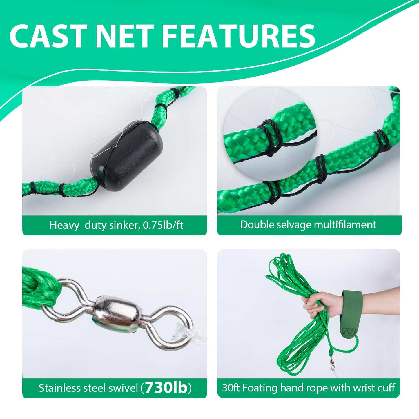 Goture American Fishing Cast Net Saltwater Freshwater, 3/8inch 1/4in Mesh Size Casting Net for Bait Fish Shrimp Trap, Black Sinkers, 3ft/4ft/5ft/6ft/8ft/10ft Radius Throw Cast Net with Needle