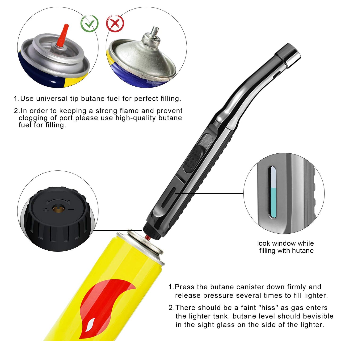 Candle Lighter,Refillable Long Jet Lighters with Visible Window, Windproof Gas Lighter Adjustable Jet Flame for BBQ, Stove, Kitchen Cooker, Hobs,Camping(Sold No Fuel)