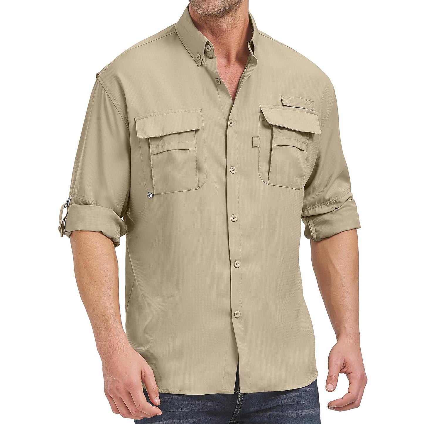 Men’s Long Sleeve Shirts UV UPF 50 Sun Protection Hiking Fishing Safari Shirt Quick Dry Cool Utility Blouse (5052 Khaki M)