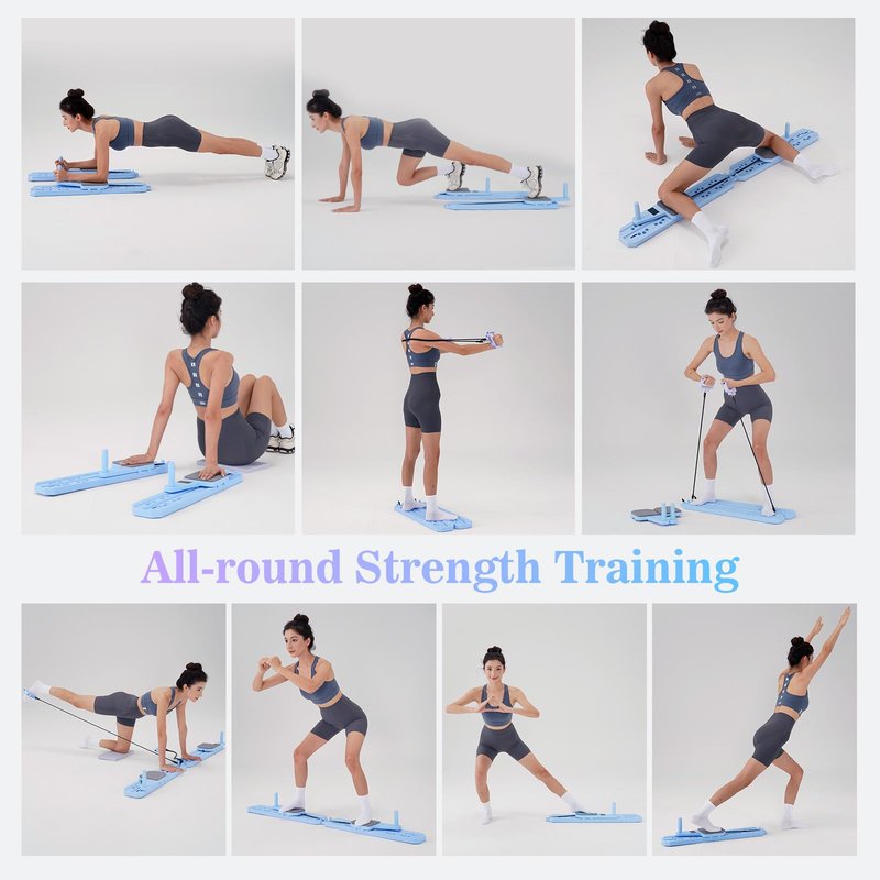 Nicoler Portable Pilates Reformer - Pilates Board 8-in-1 Multi-Functional Pilates Equipment with Workout Cards, 20lbs + 30lbs Resistance Bands, Ankle Straps for Home Workout, Fitness, Abs(Blue)