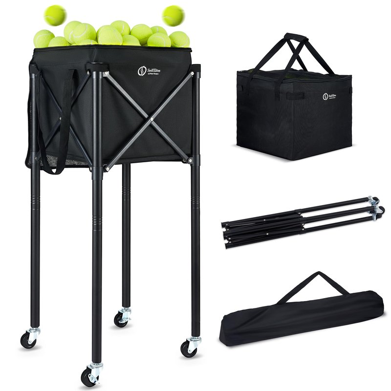 ShelfElites Portable Tennis Ball Hopper & Pickleball Basket, Foldable Tennis Ball Cart with Storage Bag, Multi-Sport Ball Collector for Training & Practice（Big）
