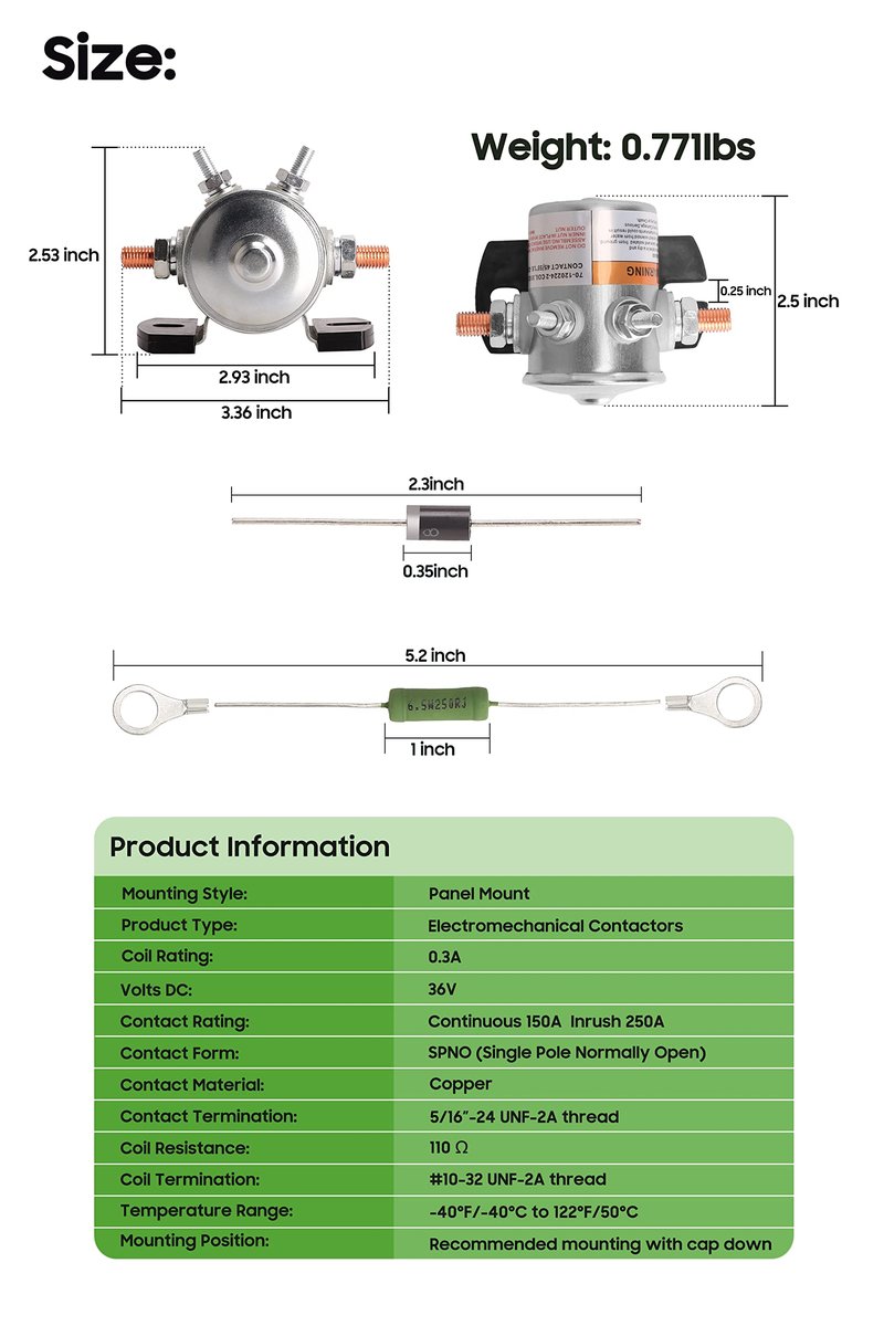 10L0L 36 Volt #70 Series Continuous Duty Solenoid Relay for EZGO TXT & Marathon 1980-2010 Electric Carts, Include Resistor & Diode, Replace OEM# 27855G01, 11761G1, 27855G02, 31680G1