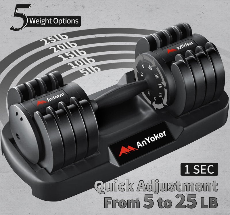 AnYoker Adjustable Dumbbells One Second Change Free Weight Compact Efficient Exercise ＆ Fitness Dumbbell Home Gym Max 25LB or 55LB TJDYL (25LB/RED/One Pack)