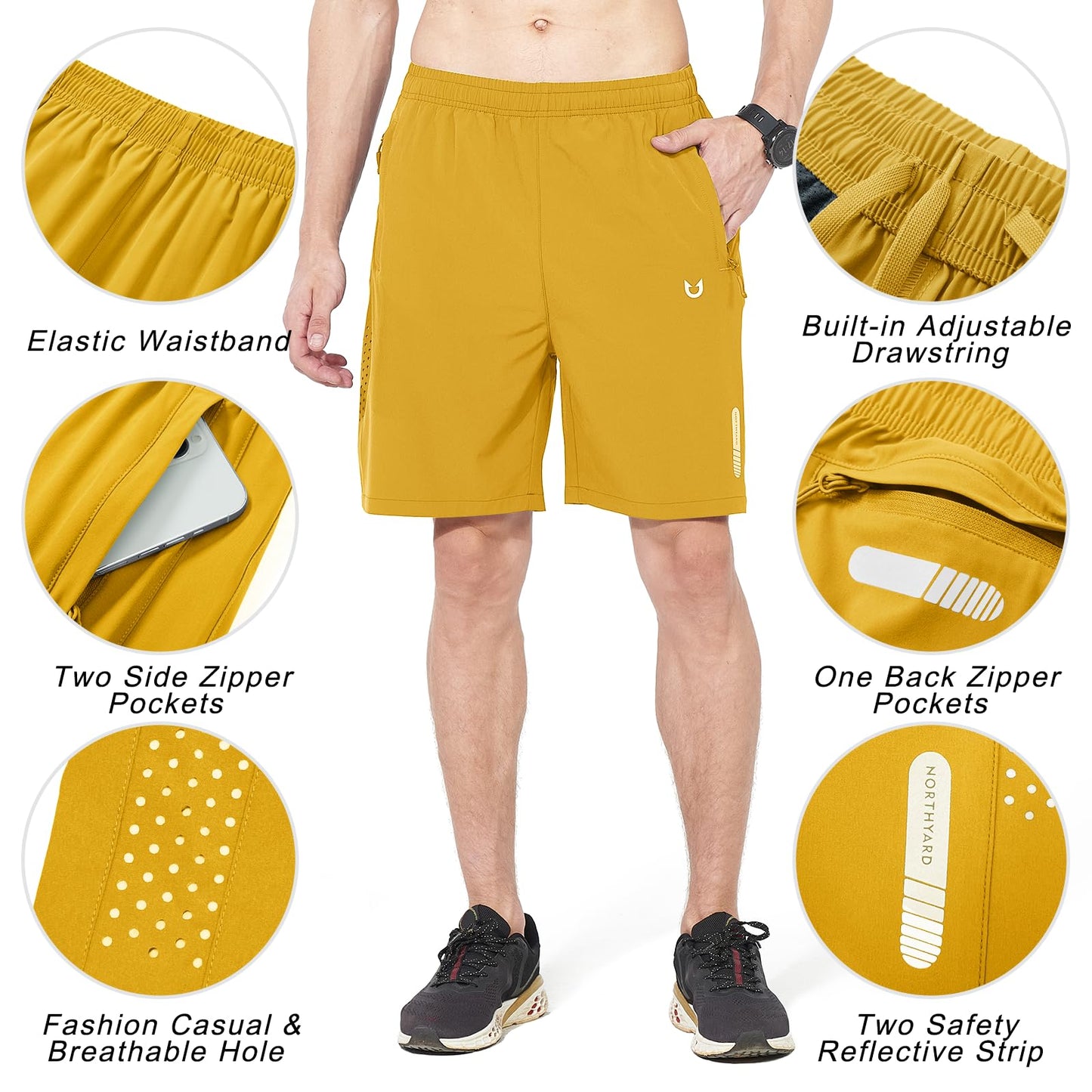 NORTHYARD Men's Athletic Running Shorts Quick Dry Workout Shorts 7"/ 5"/ 9" Lightweight Sports Gym Basketball Shorts Hiking Exercise Yellow 2XL