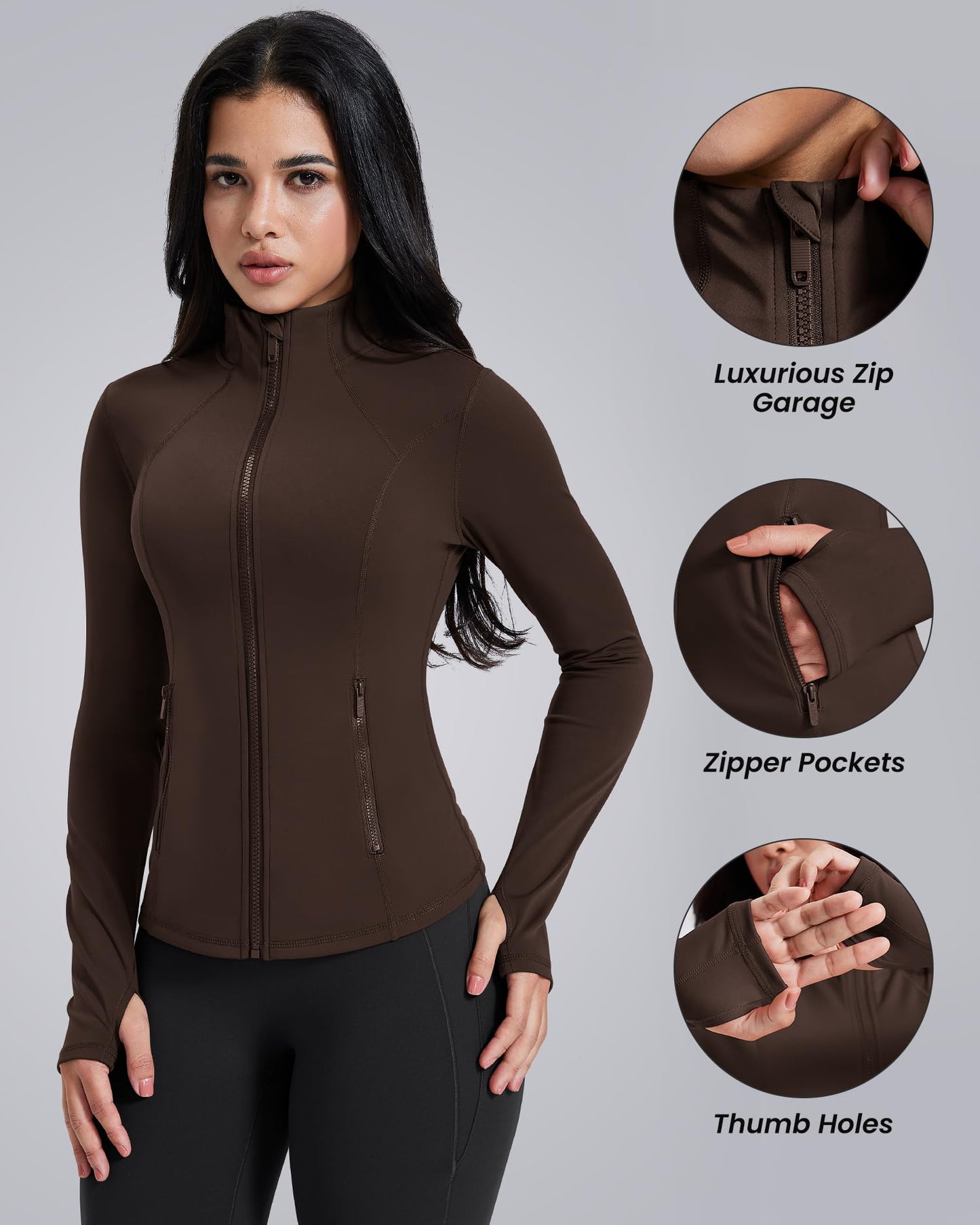 AVGO Womens Workout Jackets Lightweight Athletic Zip Up Jacket Slim Fit Running Gym Top with Pockets & Thumb Holes(Roasted Brown, S)