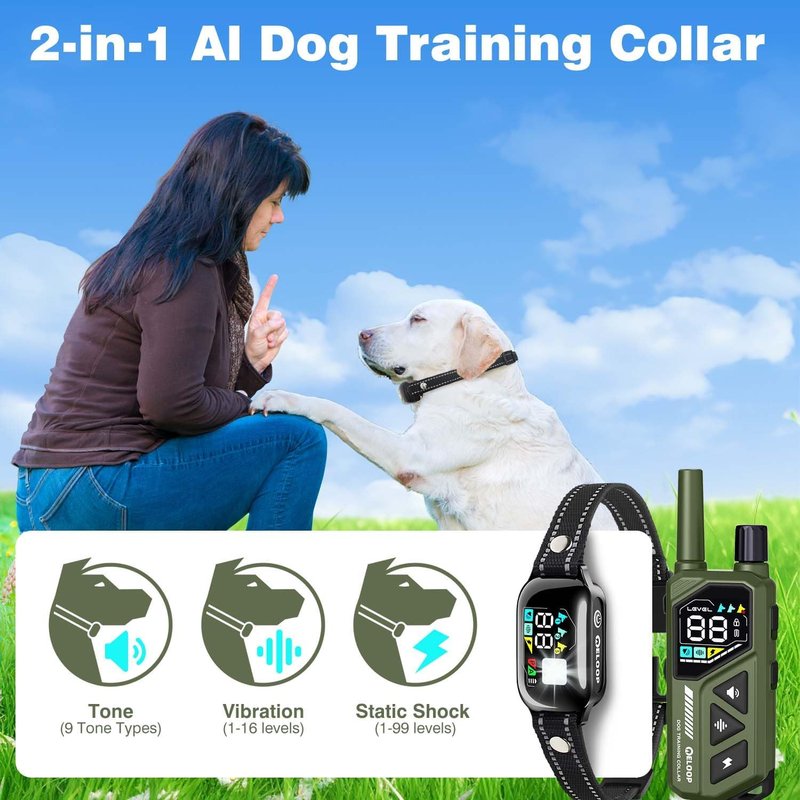 Dog Shock Collar - AI Smart Anti-Barking Training E-Collar with Remote | 3300FT Range, IPX7 Waterproof for All Breeds