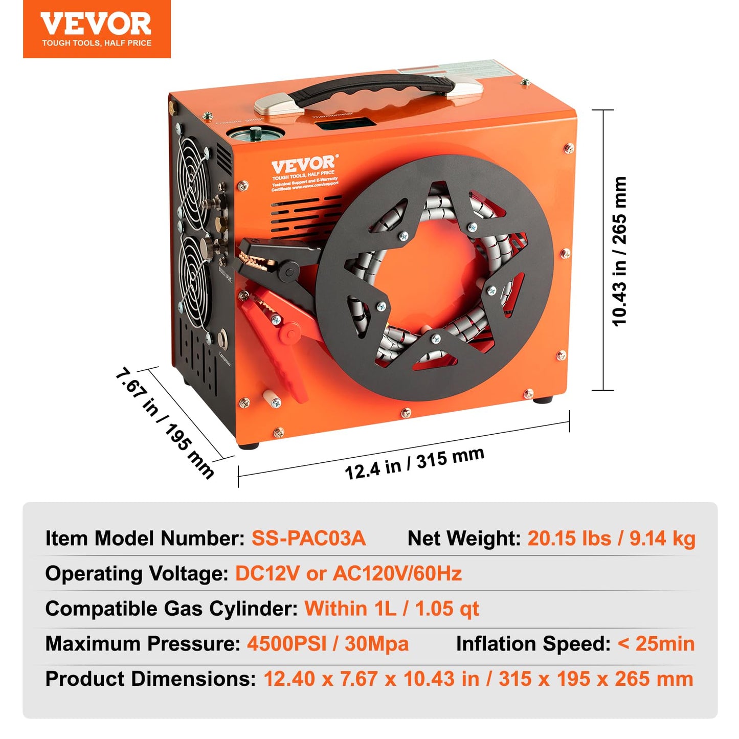 VEVOR PCP Air Compressor, 4500PSI/30Mpa Portable PCP Airgun Compressor with Built-in Power Converter, Auto-Stop | DC12V/AC120V | Oil & Water-Free Air Rifle, Paintball and Scuba Tank Compressor Pump