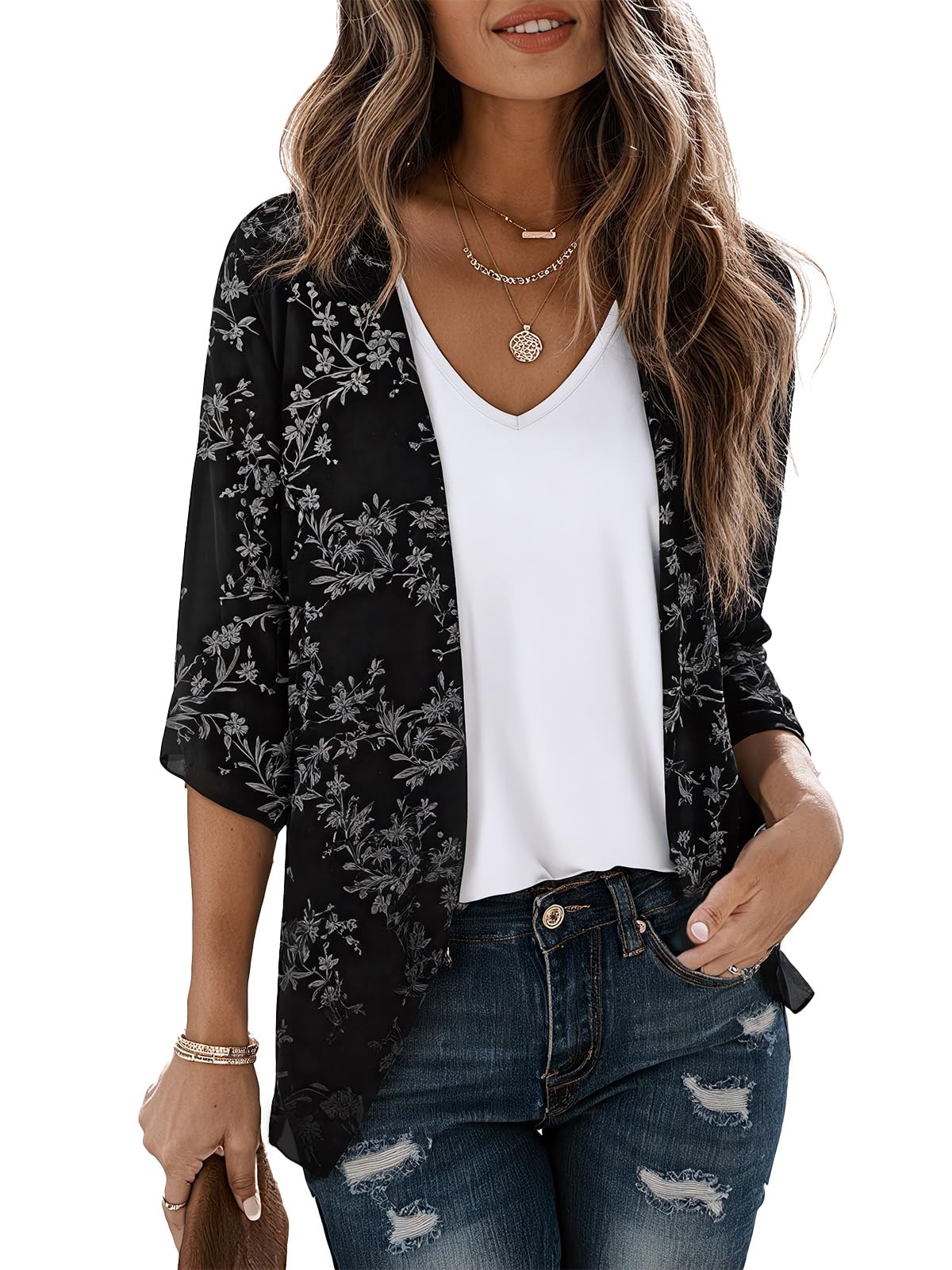 LILBETTER Womens Floral Chiffon Kimono Cardigans Loose Beach Cover Up Half Sleeve Tops(Black Leaves Medium)