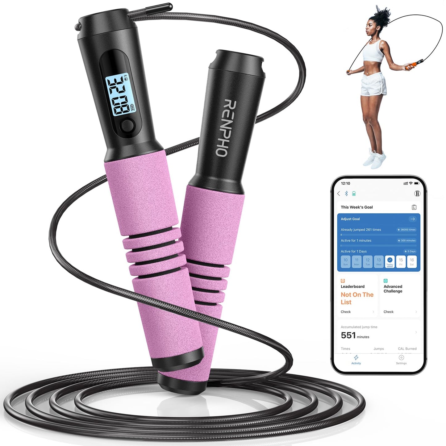 Jump Rope, RENPHO Smart Jump Rope with Counter, Fitness Skipping Rope with APP Data Analysis, Workout Jump Ropes for Home Gym, Crossfit, Jumping Rope for Exercise for Men, Women, Kids, Girls - Pink