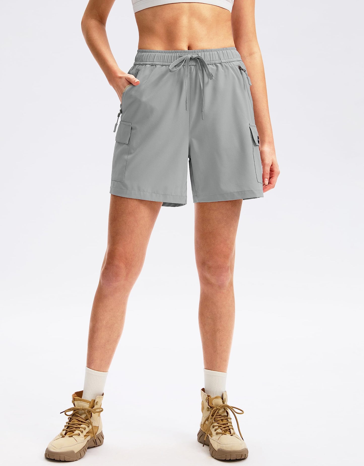 SANTINY Women's 5''/ 7''/9'' Hiking Cargo Shorts Quick Dry Lightweight Summer Shorts for Women Athletic Golf Zipper Pockets(Light Grey_XXL)