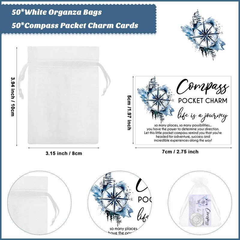 Beeveer 50 Sets Compass Pocket Tokens Bulk Motivational Coins with ''Life is a Journey'' Quote, Cards and Organza Bags, Orientation Graduation Gifts for Students, Teachers, Friends