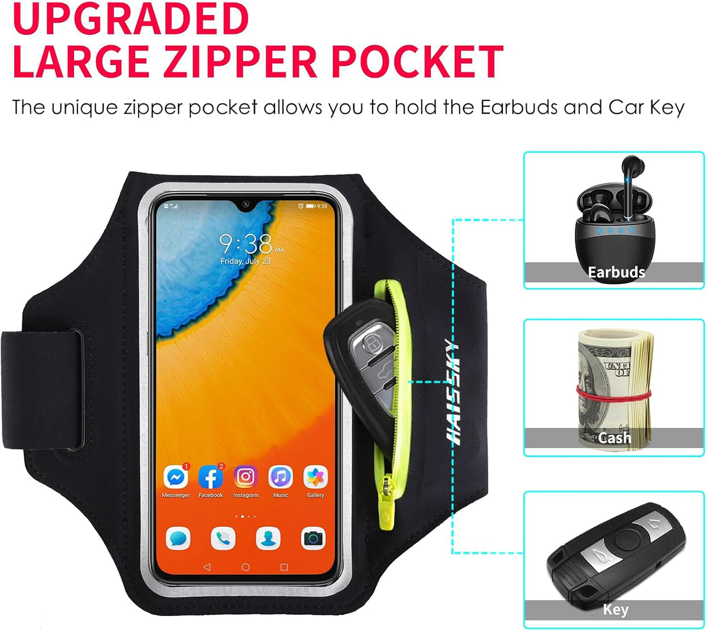 Running Armband for iPhone & Galaxy | Water Resistant Sports Phone Holder with Earphone Bag & Zipper Slot for 6.7" Phones