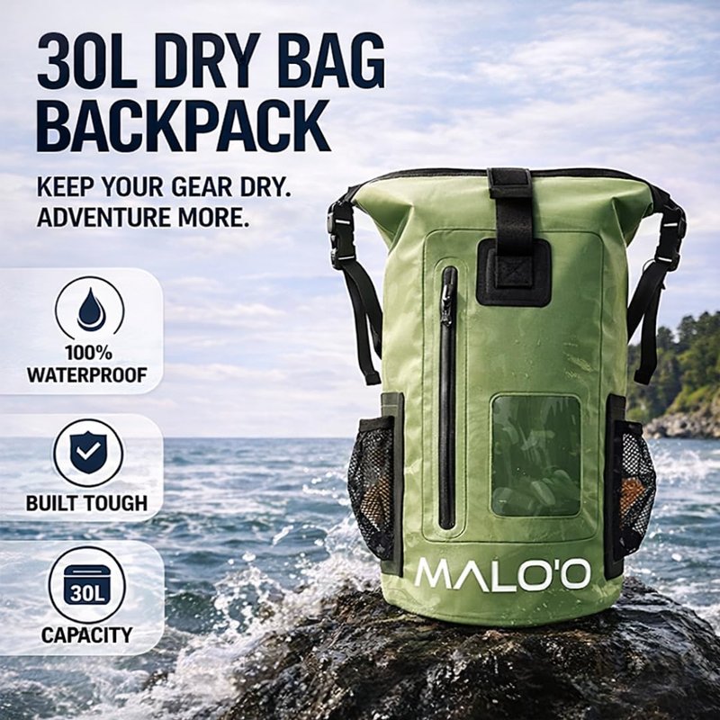 Malo’o 30L Waterproof Dry Bag Backpack – Roll Top Heavy Duty 500D PVC Dry Pack with Padded Straps, IPX6 Waterproof, Keeps Gear Dry for Kayaking, Fishing, Beach, Camping & Travel