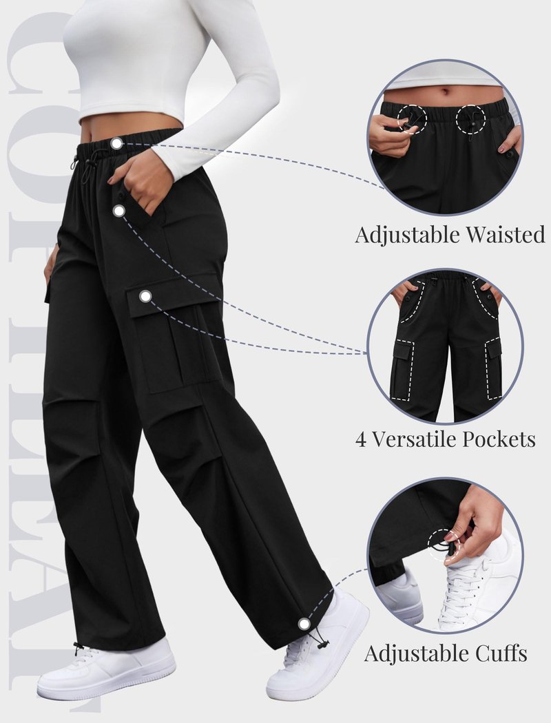 COPYLEAF Cargo Pants Women Elastic Waisted Parachute Hiking Pants with Pockets Water-Resistant Lightweight Baggy Pants(Black S)