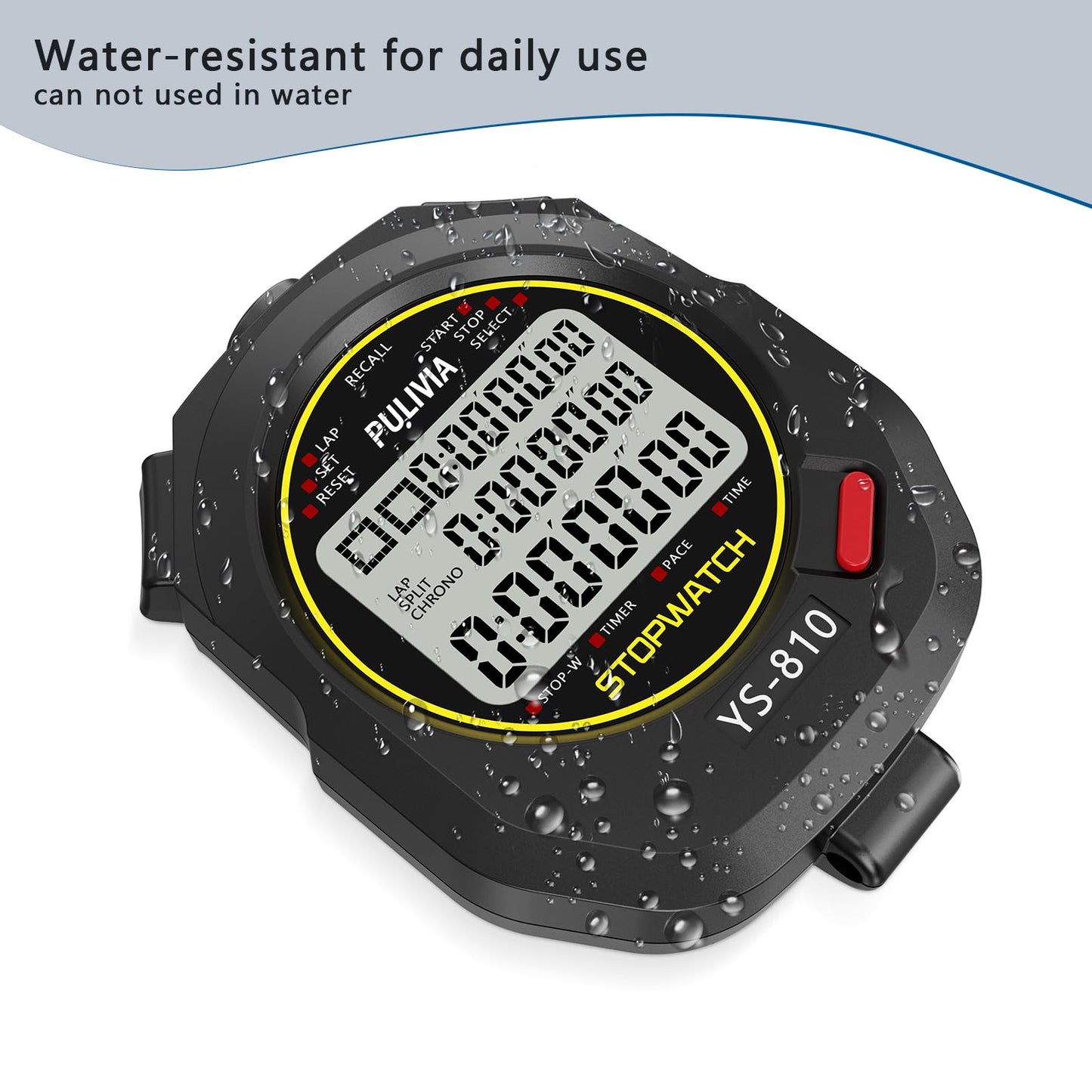 PULIVIA Stopwatch Timer 10 Splits/Laps Digital Stop Watch for Sports, Countdown Alarm Clock Date Memory Recall Large Display, Stopwatch for Coaches PE-Teacher Referee (Black, 10 Splits/laps)