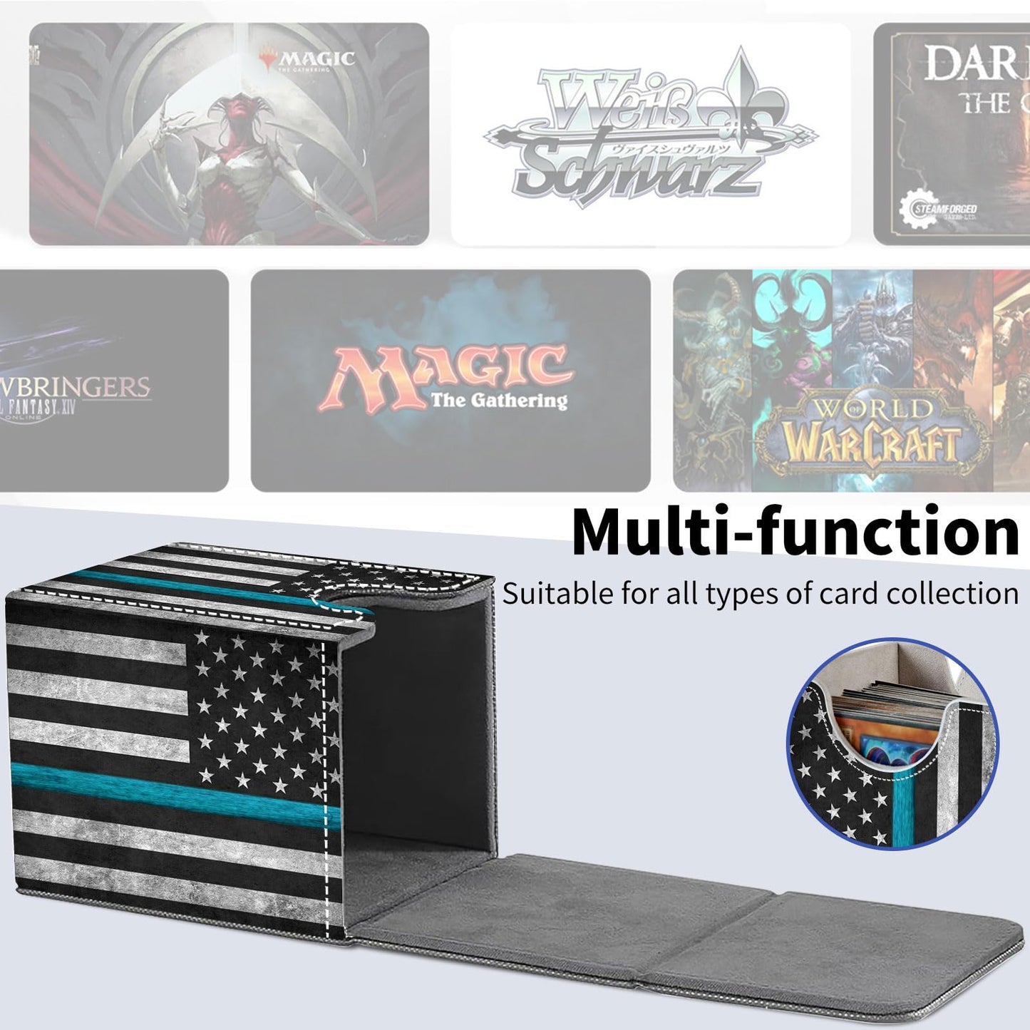 Qindaiwen Card Deck Box for Trading Cards, MTG Deck Box Fits 100+ Single Sleeved Cards, PU Leather Strong Magnet Card Deck Case Holder for Magic Commander TCG CCG, American Flag 02