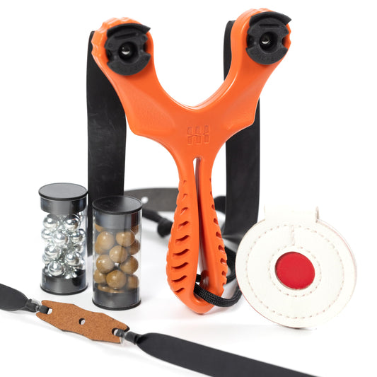 SimpleShot Axiom Ocularis Slingshot with Clay Ammo, Target, and Two Bands for Professional Hunting Target Marksmanship Shooting (Orange)