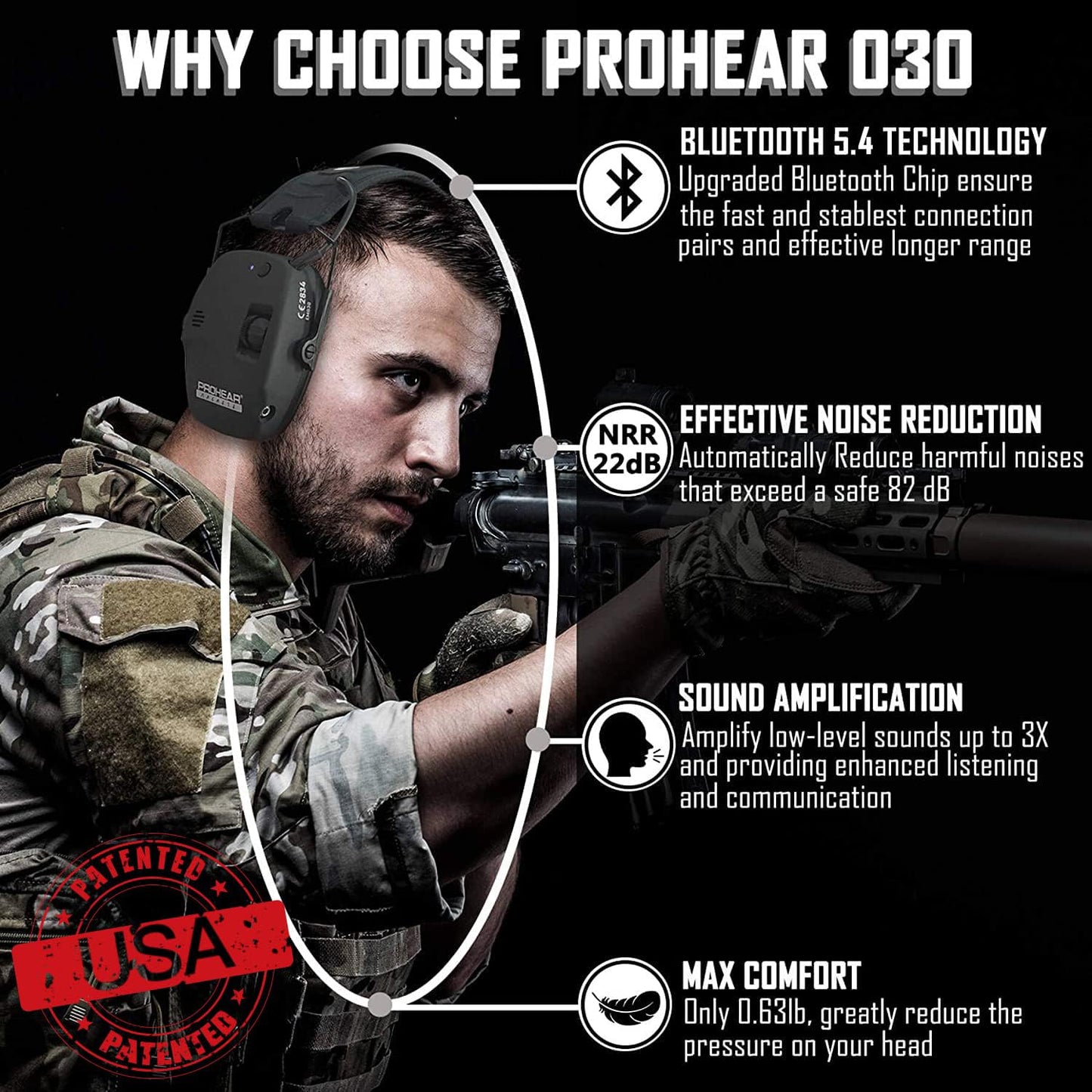 PROHEAR 030 2 Pack Bluetooth 5.4 Electronic Shooting Ear Protection Earmuffs with Foam Ear Pads-Black