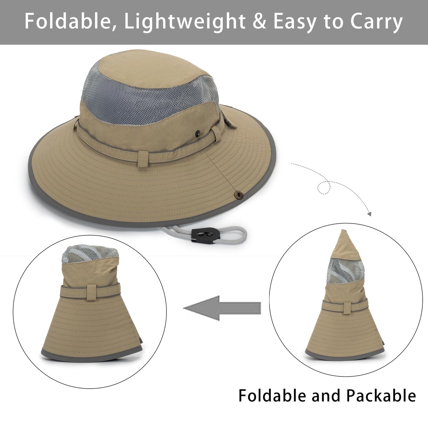 Breathable Outdoor Fishing-Hat Foldable Sun-Hats for Men - Unisex UV-Protection Packable Summer Bucket Hat Gardening Safari Khaki