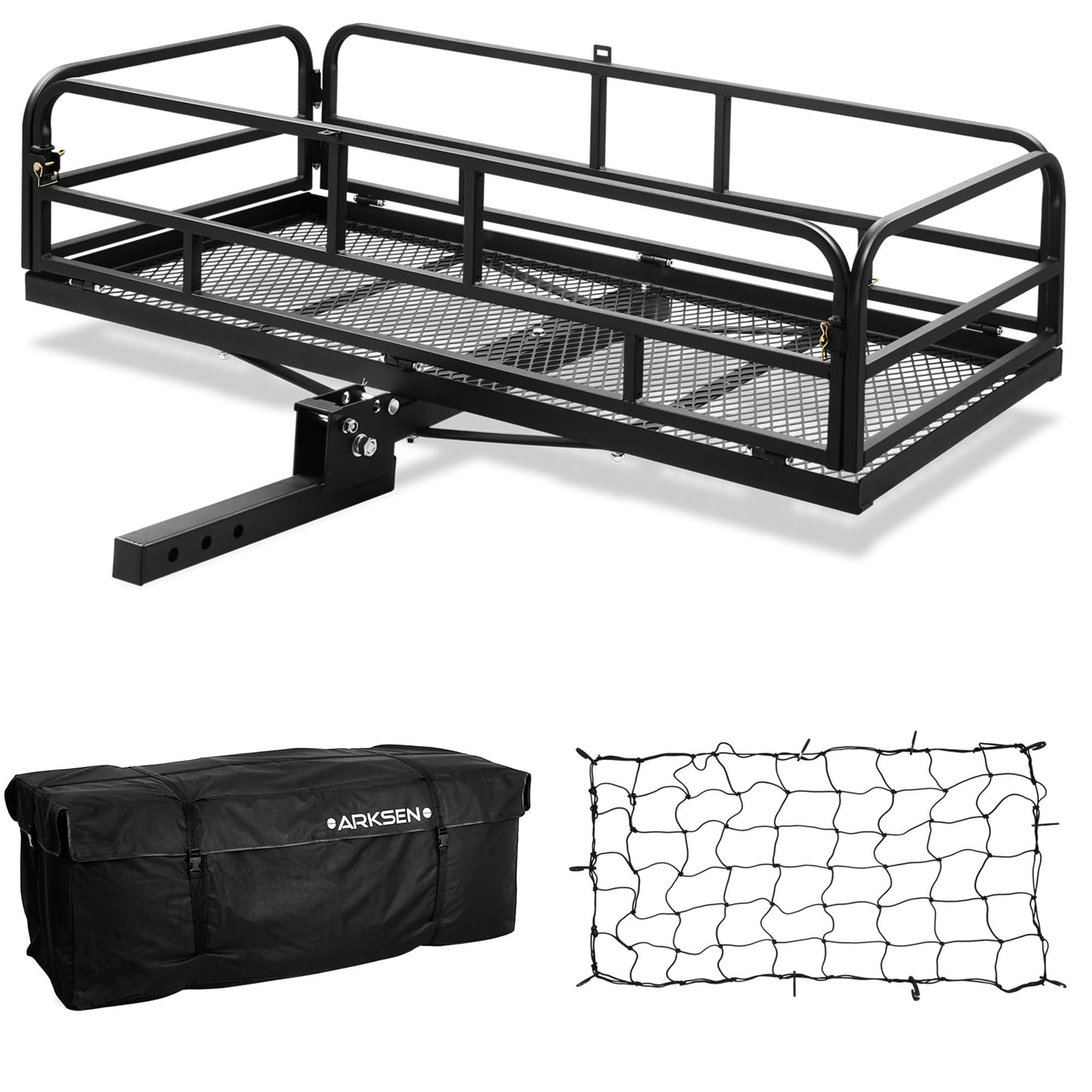 ARKSEN 60" x 25" x 14" Folding Cargo Rack Carrier with Waterproof Cargo Bag & Nylon Net 500 Lbs Heavy Duty Capacity 2 Inch Receiver Luggage Basket Hitch Fold Up for SUV Pickup Camping Traveling