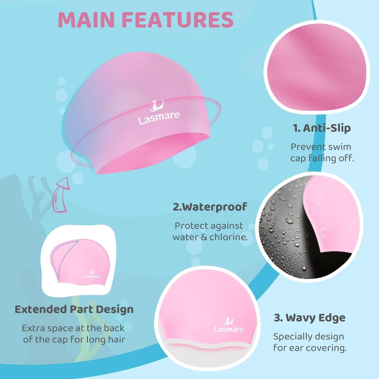 Kids Long Hair Swim Cap for Girls Boys, 3 Size Silicone Swimming Cap for Age 1-15 Toddler Children Teens, Waterproof Swim Hats Bathing Caps with Ear Plugs & Nose Clip to Keep Hair Dry(Age 3-8/Pink)