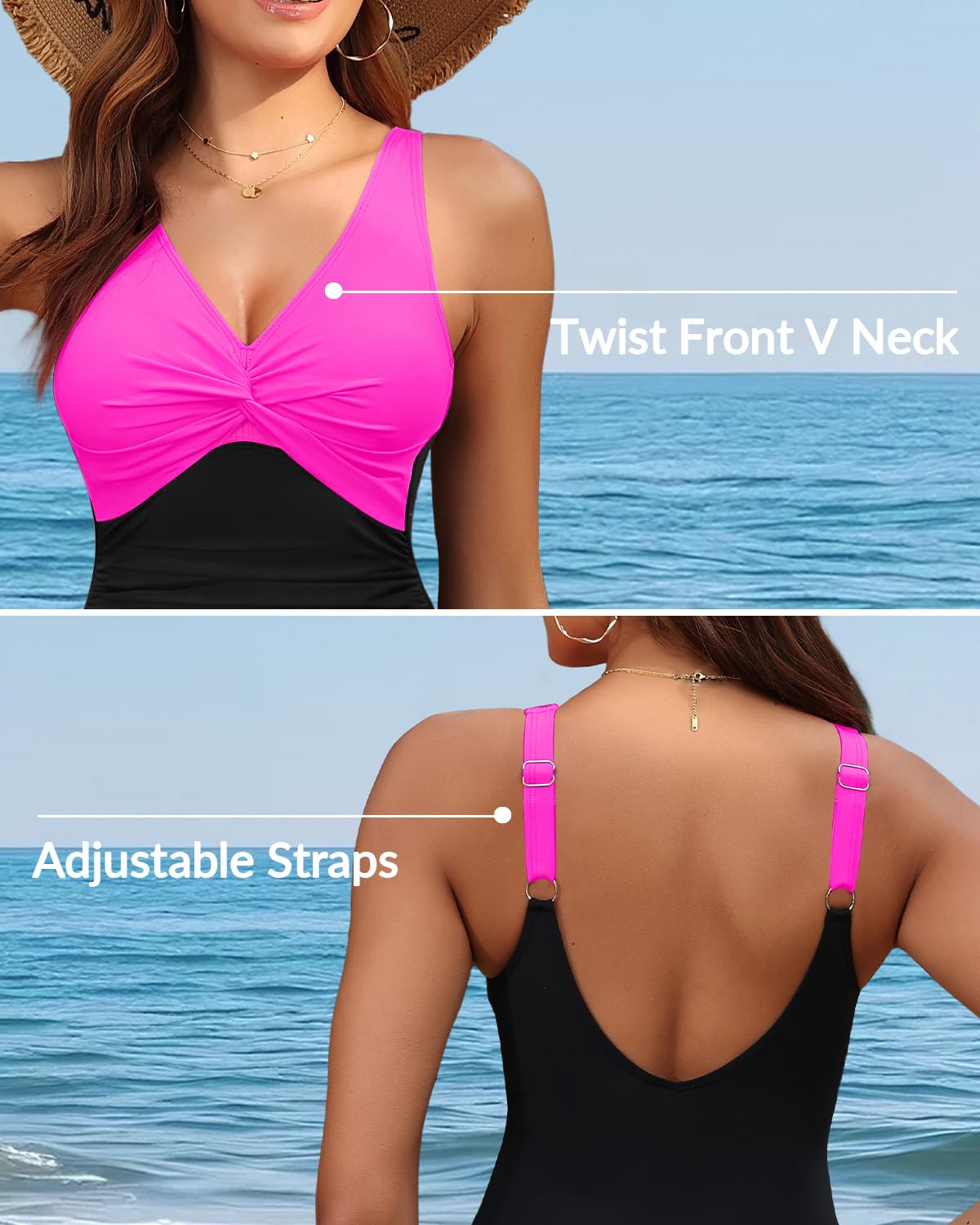 Holipick Hot Pink Black Women Tummy Control One Piece Swimsuit - Push Up Bathing Suit Full Coverage Slimming Swimwear XXL
