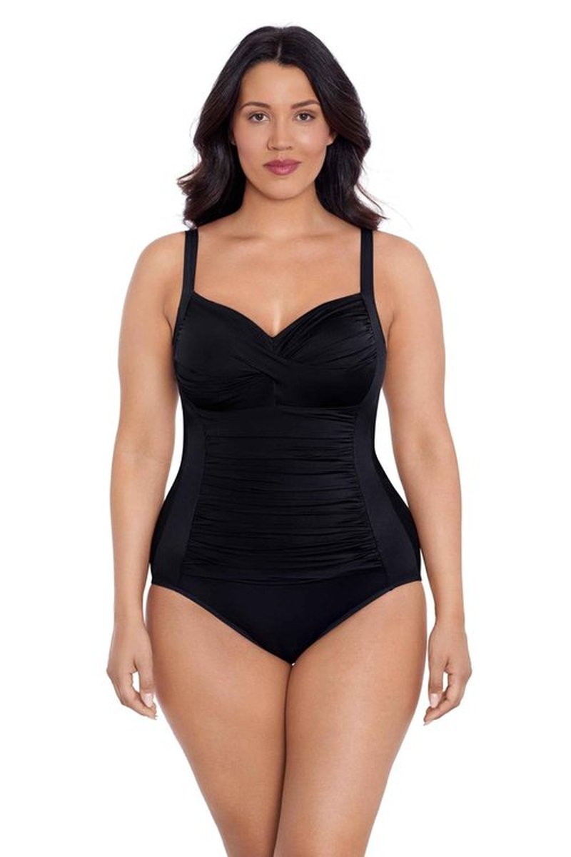 TrimShaper Womens Full Tummy Control Surplice Averi One Piece Swimsuit, Black, 12