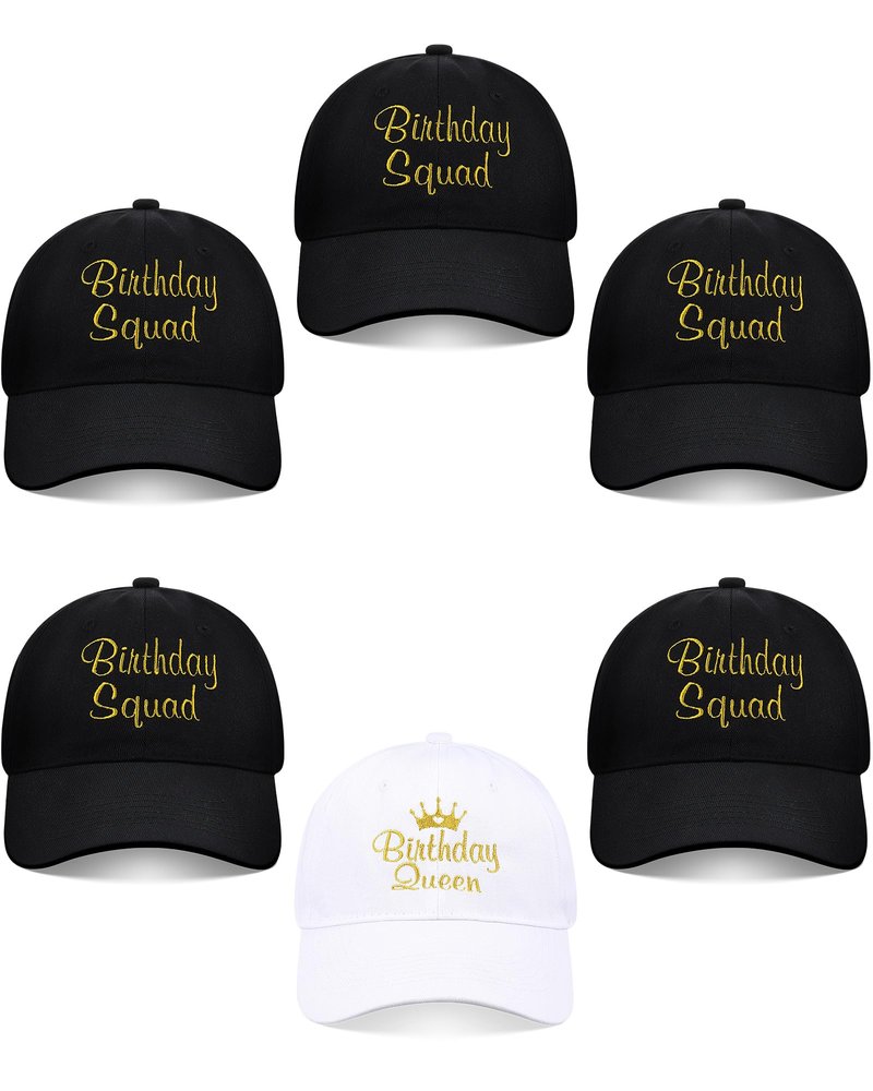 Jecery 6 Pcs Birthday Squad Hats Cap for Women Men, Birthday Queen Squad Party Baseball Cap Adjustable for Party Favor (Black,White)
