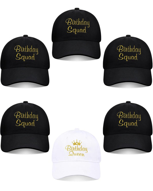 Jecery 6 Pcs Birthday Squad Hats Cap for Women Men, Birthday Queen Squad Party Baseball Cap Adjustable for Party Favor (Black,White)