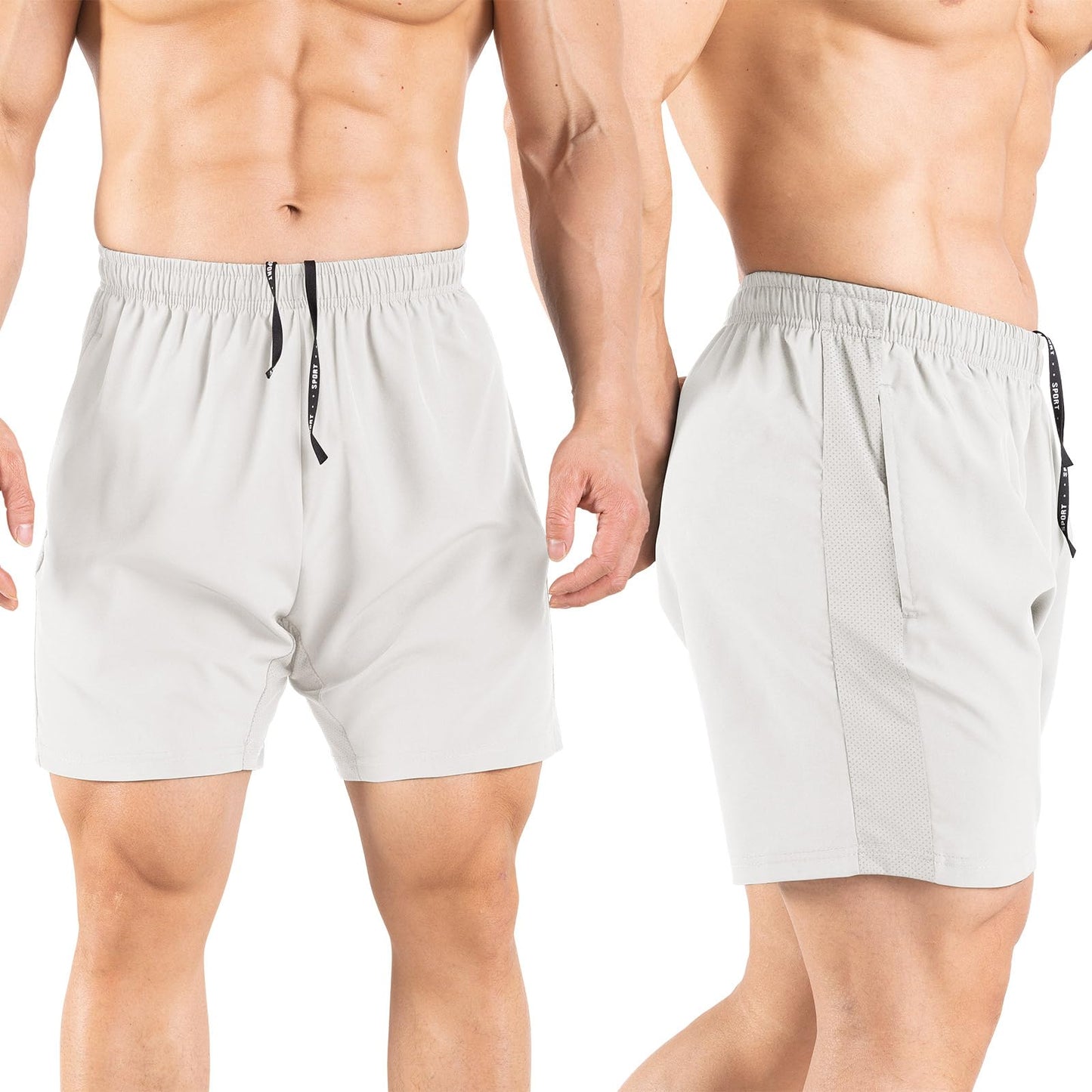 Gaglg Men's 5" Running Shorts 2 Pack Quick Dry Athletic Workout Gym Shorts with Zipper Pockets White/Red,Medium