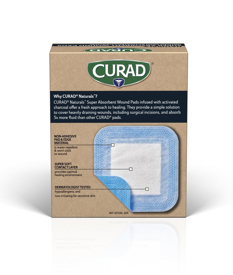 CURAD Naturals Charcoal Super Absorbent SAP Wound Pads, 3" x 3", 10ct, Pack of 3