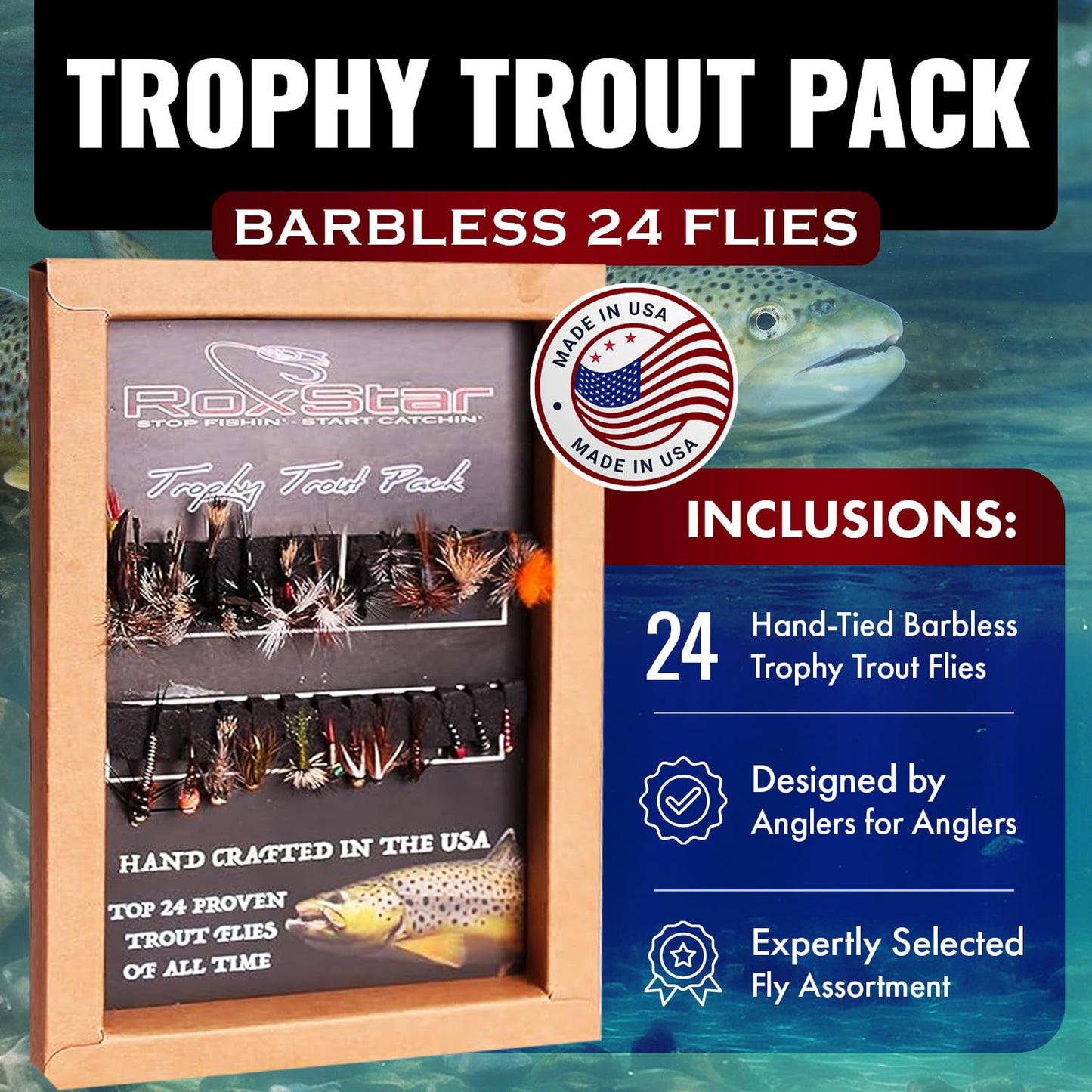 RoxStar Fly Shop Trophy Trout 24pk Top Wet & Dry Flies for Trout. Proven Nationwide to Catch Fish! Tied in-House Never Outsourced Fly Fishing Gift (Barbless Trophy Trout Flies 24pk)