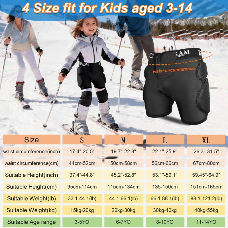 Kids Hips Padded Shorts Upgrade Version for Outdoor Sports with Thick EVA Pads, CE Level Silicone Tailbone Pads, Enhanced Protection for Ski Skateboard Ice Skating Biking (Black, XL)