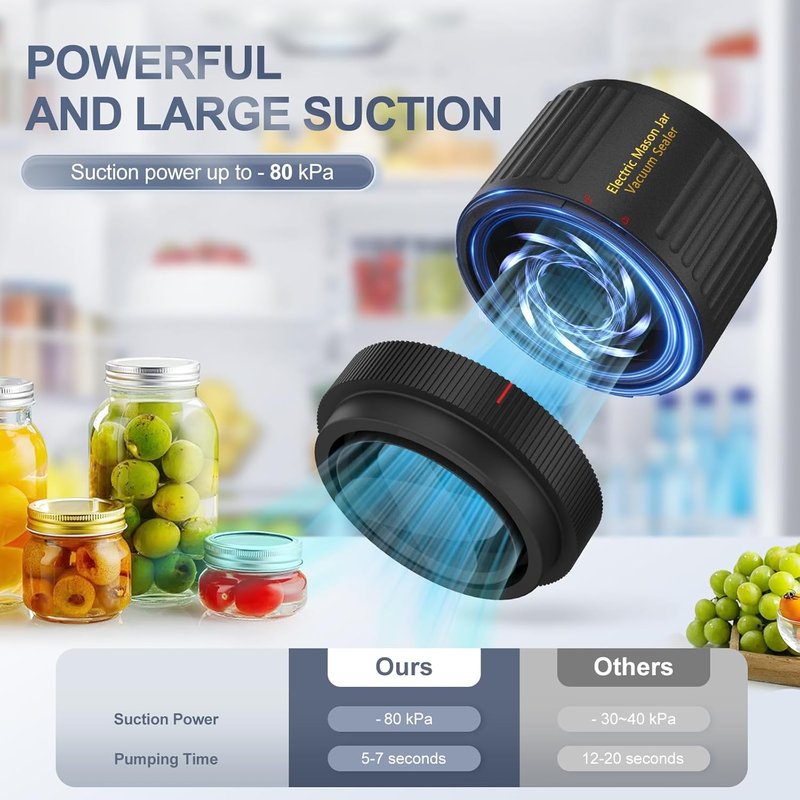 Mason Jar Vacuum Sealer - Electric Food Sealing Machine for Wide & Regular Mouth Jars | Black